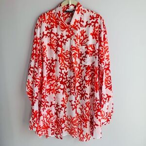 NWOT Kikisol Button Up Shirt Cover Up Coral Red Orange White Cotton Vacation XL